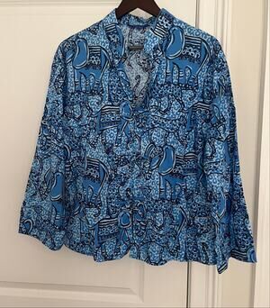 Three islands women 100% cotton shirt Sz. L elephants print blue costal NWOT